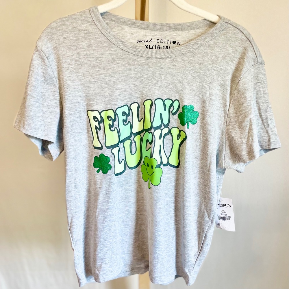 Social Edition Womens XL Feelin‎ Lucky St Patricks Day Graphic Tee Heather Gray
